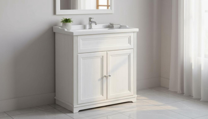 Mueble de baño de estilo antiguo con lavabo y armario inferior para baños rústicos.