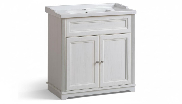Mueble de baño de estilo antiguo con lavabo y armario inferior para baños rústicos.