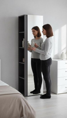 Armario alto de baño con espejo, puerta y estante. Mueble de baño.