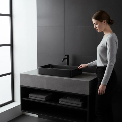Fregadero de cerámica negro, encimera de mesa para lavabo.