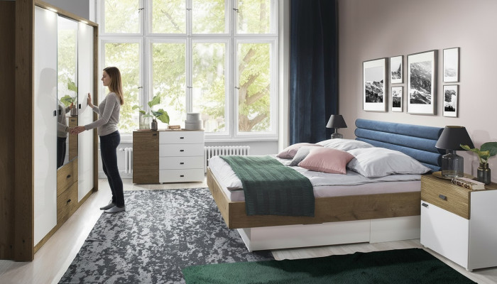 Diseño de dormitorio conjunto de 5 piezas cama mesitas de noche cómoda armario.
