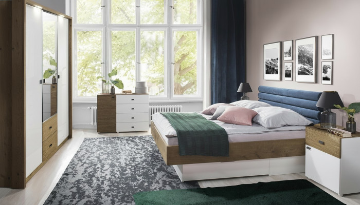 Diseño de dormitorio conjunto de 5 piezas cama mesitas de noche cómoda armario.