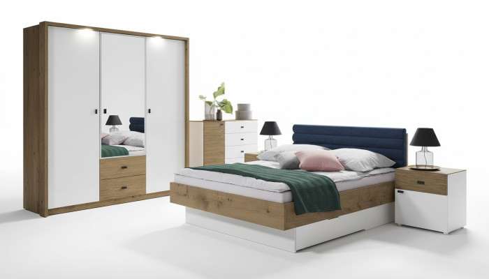 Diseño de dormitorio conjunto de 5 piezas cama mesitas de noche cómoda armario.