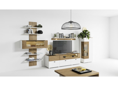 Conjunto de muebles modernos para la sala de estar en estilo barroco: vitrinas, estantes y armarios.