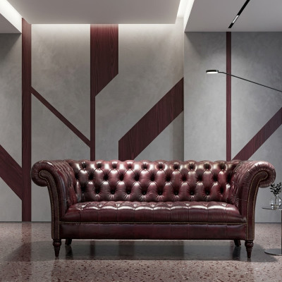 Sofá Chesterfield de tres plazas, tapizado en marrón. Sofa de lujo.