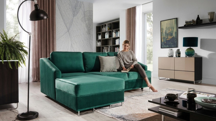 Sofá esquinero de lujo - Sofá esquinero tapizado en verde esmeralda con función de cama, nuevo
