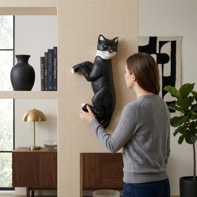Decoración Jardín Figuras de Plástico Estatua de Gato Colgando de 60cm, Figura Pintada a Mano.