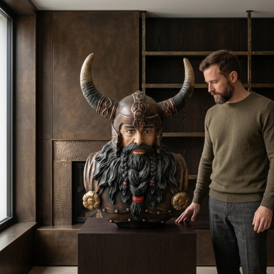 Busto de un guerrero con un casco de 70 cm Cuernos Estatua Estatuas Figuras Vikingos