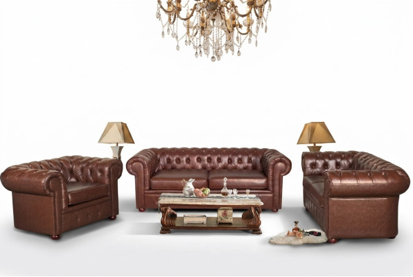 Clásico sofá de cuero Chesterfield marrón, conjunto de asientos tapizados de 3 plazas.