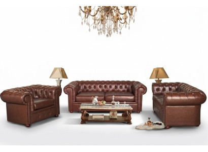 Clásico sofá de cuero Chesterfield marrón, conjunto de asientos tapizados de 3 plazas.