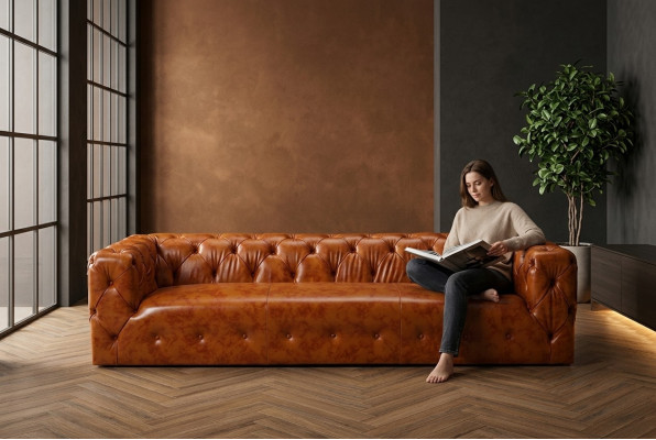 Sofá Chesterfield de tela y cuero, tapizado en tela y cuero, juego de sofás de 4 plazas.