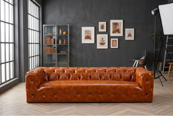 Sofá Chesterfield de tela y cuero, tapizado en tela y cuero, juego de sofás de 4 plazas.
