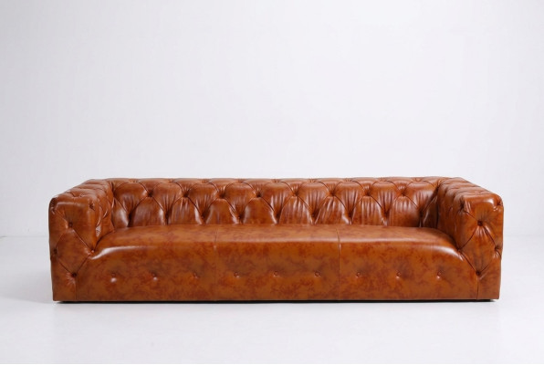 Sofá Chesterfield de tela y cuero, tapizado en tela y cuero, juego de sofás de 4 plazas.