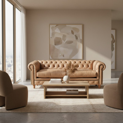 Sofá de diseño de cuero - Chesterfield, tapizado, tres plazas, 220 cm.