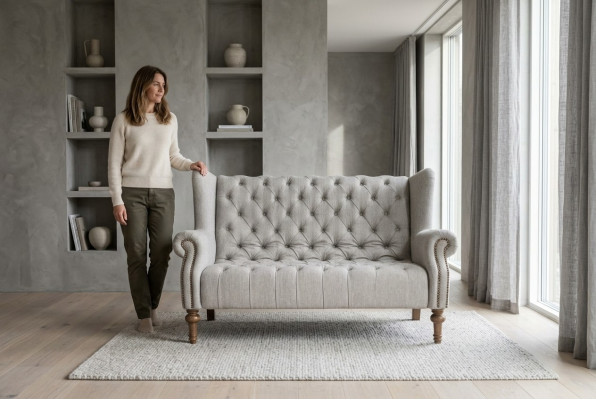Sofá Chesterfield de tela o cuero, conjunto de sofás acolchados de 2 plazas.