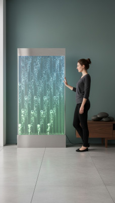 Panel de pared con burbujas de agua LED. Fuente de agua decorativa. Diseño de pared de agua.