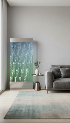 Panel de pared con burbujas de agua LED. Fuente de agua decorativa. Diseño de pared de agua.