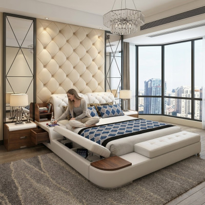 Diseño de cama multifuncional, cama doble tapizada, camas de lujo estilo Chesterfield.