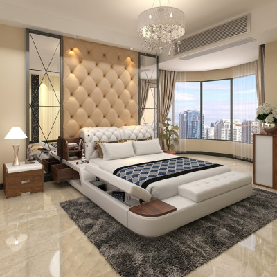 Diseño de cama multifuncional, cama doble tapizada, camas de lujo estilo Chesterfield.