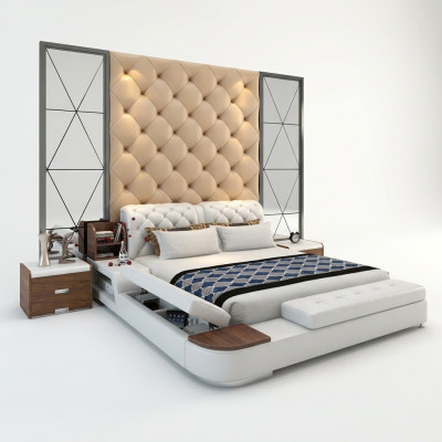 Diseño de cama multifuncional, cama doble tapizada, camas de lujo estilo Chesterfield.