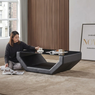 Mesa de centro de lujo noble en diseño de vidrio, mesa de centro de sofá, mesa auxiliar de cuero.