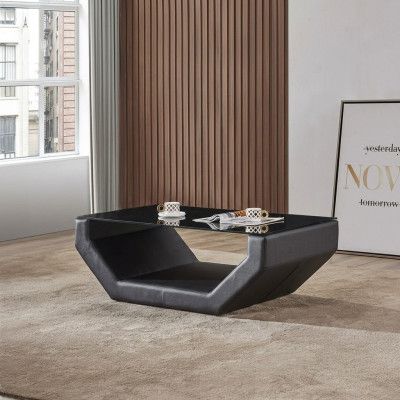 Mesa de centro de lujo noble en diseño de vidrio, mesa de centro de sofá, mesa auxiliar de cuero.