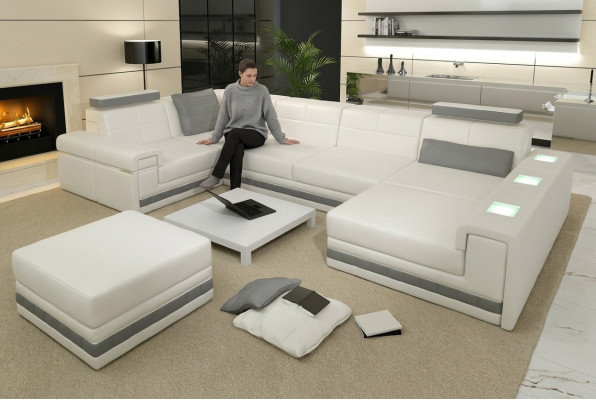Sofá de esquina Sofá conjunto de salón en forma de U Sofá tapizado Sofá de cuero + Reposapiés