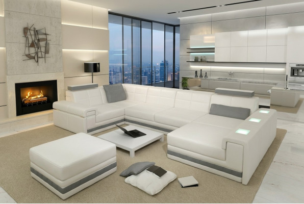 Sofá de esquina Sofá conjunto de salón en forma de U Sofá tapizado Sofá de cuero + Reposapiés