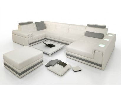 Sofá de esquina Sofá conjunto de salón en forma de U Sofá tapizado Sofá de cuero + Reposapiés