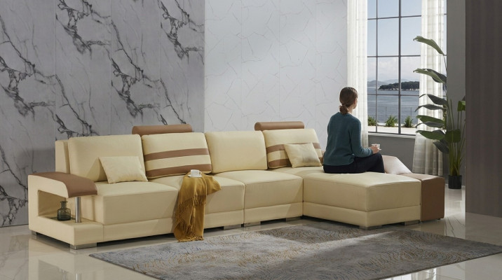 Sofá de cuero en forma de L Conjunto de sofás seccional Diseño moderno Sofá beige