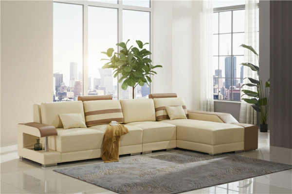 Sofá de cuero en forma de L Conjunto de sofás seccional Diseño moderno Sofá beige