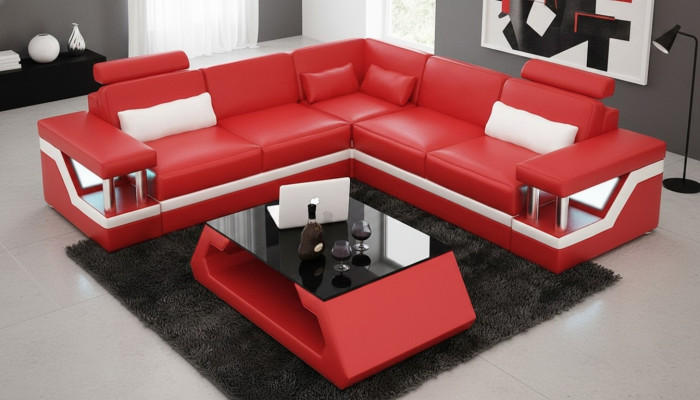 Sofá de esquina de cuero, conjunto de salón, diseño de sofá moderno en forma de L.