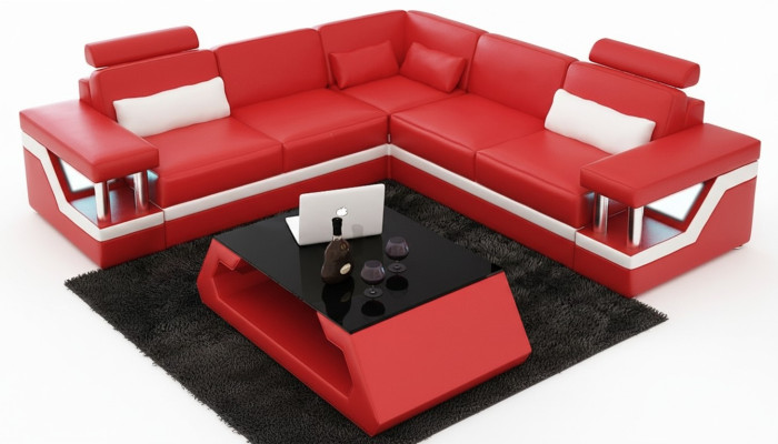 Sofá de esquina de cuero, conjunto de salón, diseño de sofá moderno en forma de L.