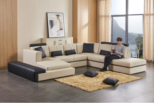 Sofá moderno de cuero, conjunto de sofás de cuero en forma de U.