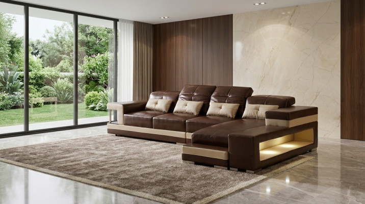 Sofá de esquina de cuero conjunto de sala de estar moderno Sofá en forma de L de color marrón.