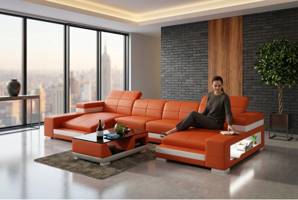 Sofá de esquina, sofá modular en forma de U, sofá tapizado, sofá de cuero naranja.