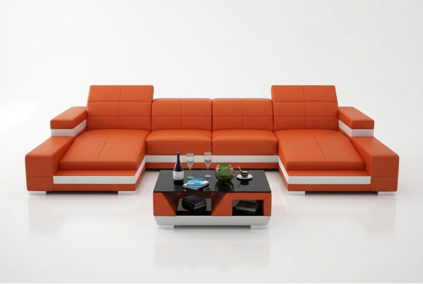 Sofá de esquina, sofá modular en forma de U, sofá tapizado, sofá de cuero naranja.