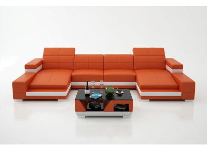 Sofá de esquina, sofá modular en forma de U, sofá tapizado, sofá de cuero naranja.