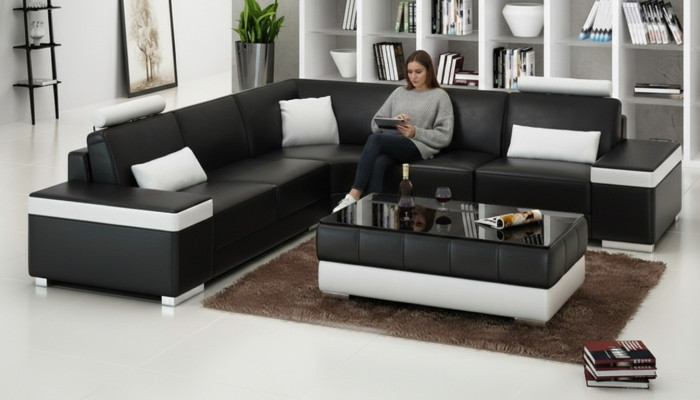 Sofá de cuero Muebles en forma de L Sofá Sala de estar Sofá de esquina conjunto de diseño
