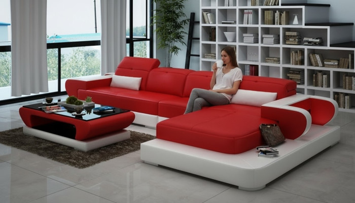 Sofá esquinero Conjunto de sofá de cuero Esquina Relleno Taburete Set Sofá de diseñador rojo Nuevo