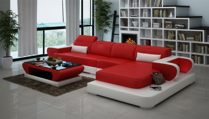 Sofá esquinero Conjunto de sofá de cuero Esquina Relleno Taburete Set Sofá de diseñador rojo Nuevo
