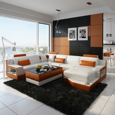 Sofá esquinero sofá conjunto de salón en forma de U sofá tapizado sofá de cuero blanco.