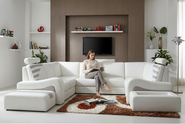 Moderno sofá de esquina en forma de L, cojín de asiento de esquina, sofá decorativo + taburete.