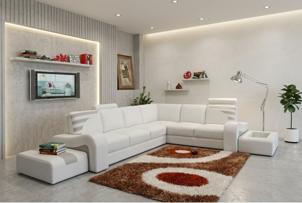 Moderno sofá de esquina en forma de L, cojín de asiento de esquina, sofá decorativo + taburete.