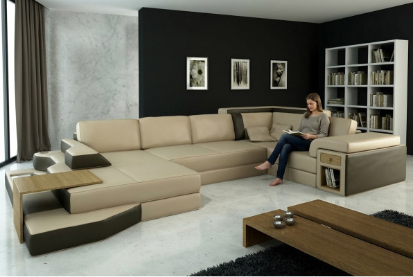Sofá de diseño en forma de U de cuero, conjunto de salón, sofá acolchado para esquina.