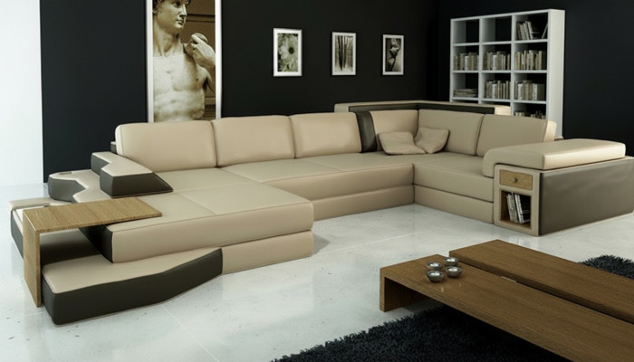Sofá de diseño en forma de U de cuero, conjunto de salón, sofá acolchado para esquina.