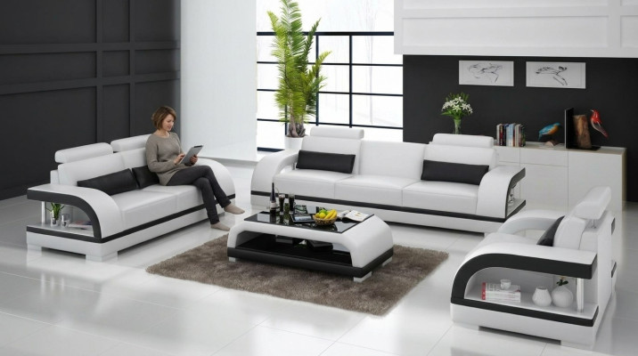 Sofá de cuero, sofá, conjunto de sofá de 3 plazas + 1 plaza + 1 plaza, diseño de conjuntos de asientos Modern Sofa.