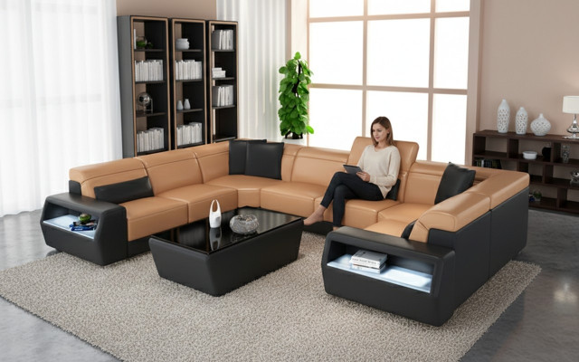 Sofá de esquina de cuero, sofá, sofá, asiento acolchado, conjunto de sofás en forma de U.