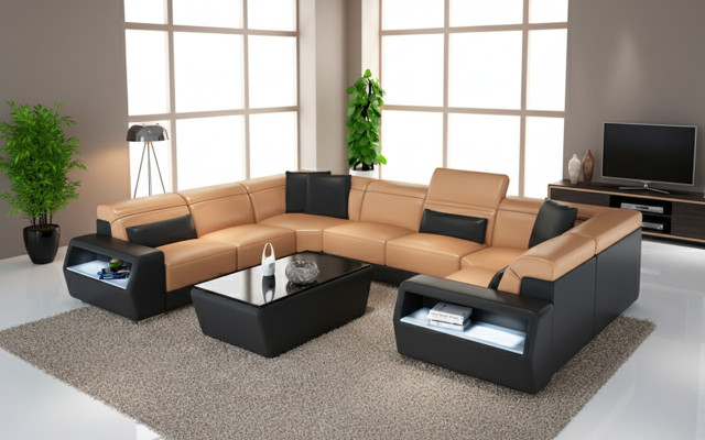 Sofá de esquina de cuero, sofá, sofá, asiento acolchado, conjunto de sofás en forma de U.