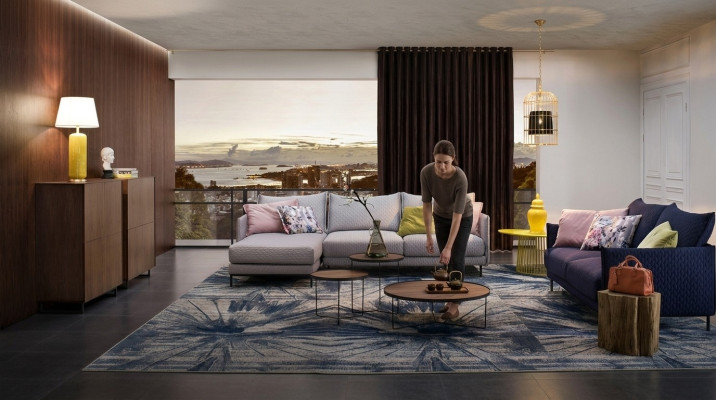 Moderno sofá de esquina en forma de L tapizado asiento esquina conjunto de sofá textil.